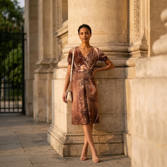 Dressbarn brand dress featuring a mixed floral & animal print in earthy brown 8 - Picture 7 of 13